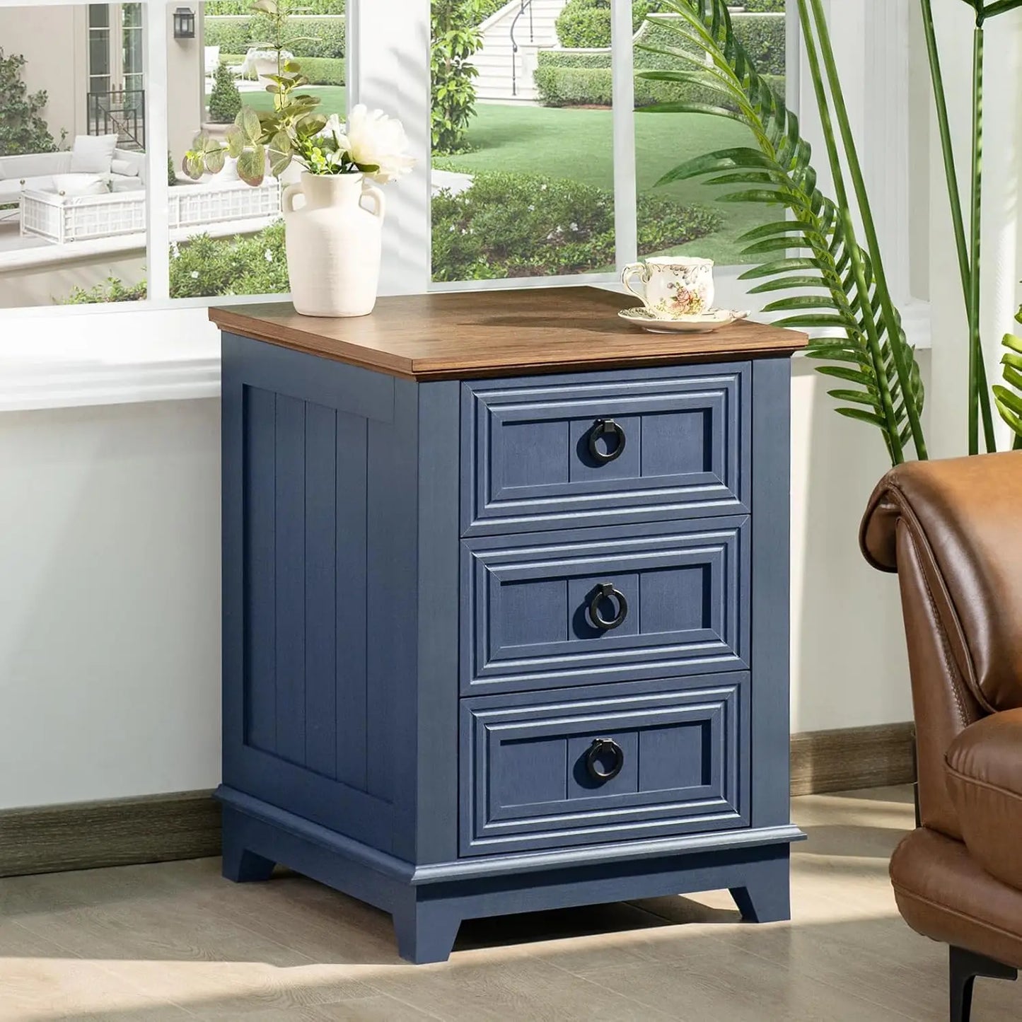 Farmhouse Night Stand with Charging Station, 2 Drawers Nightstand