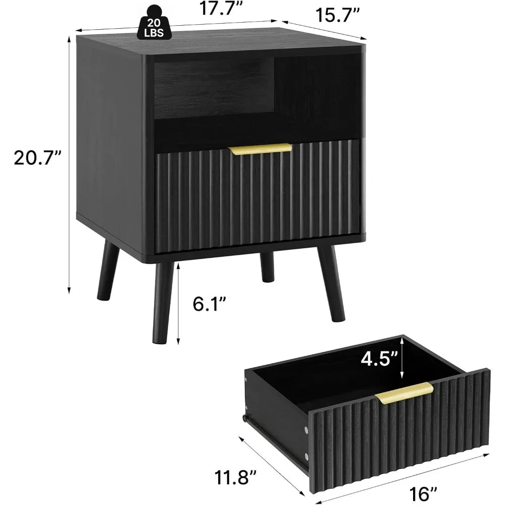 Modern Fluted Nightstand With Drawer And Open Shelves