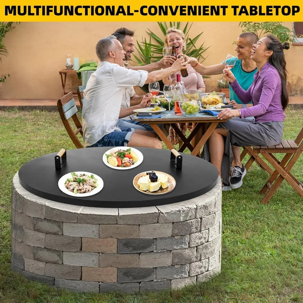 Round Fire Pit Lid 38 Inch Rust Resistant With Wooden Handle