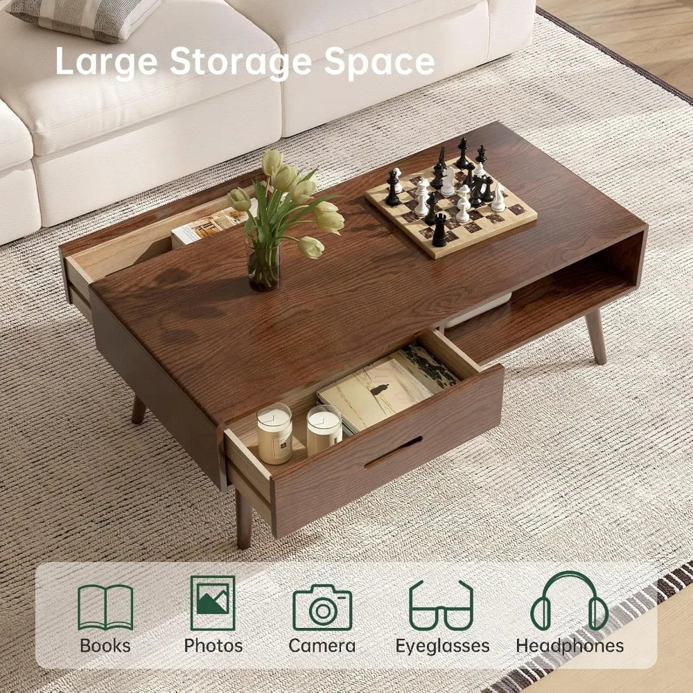 100% Solid Wood Coffee Table with Storage Space 39.37 Inch Wide Coffee Table with 2 Drawers