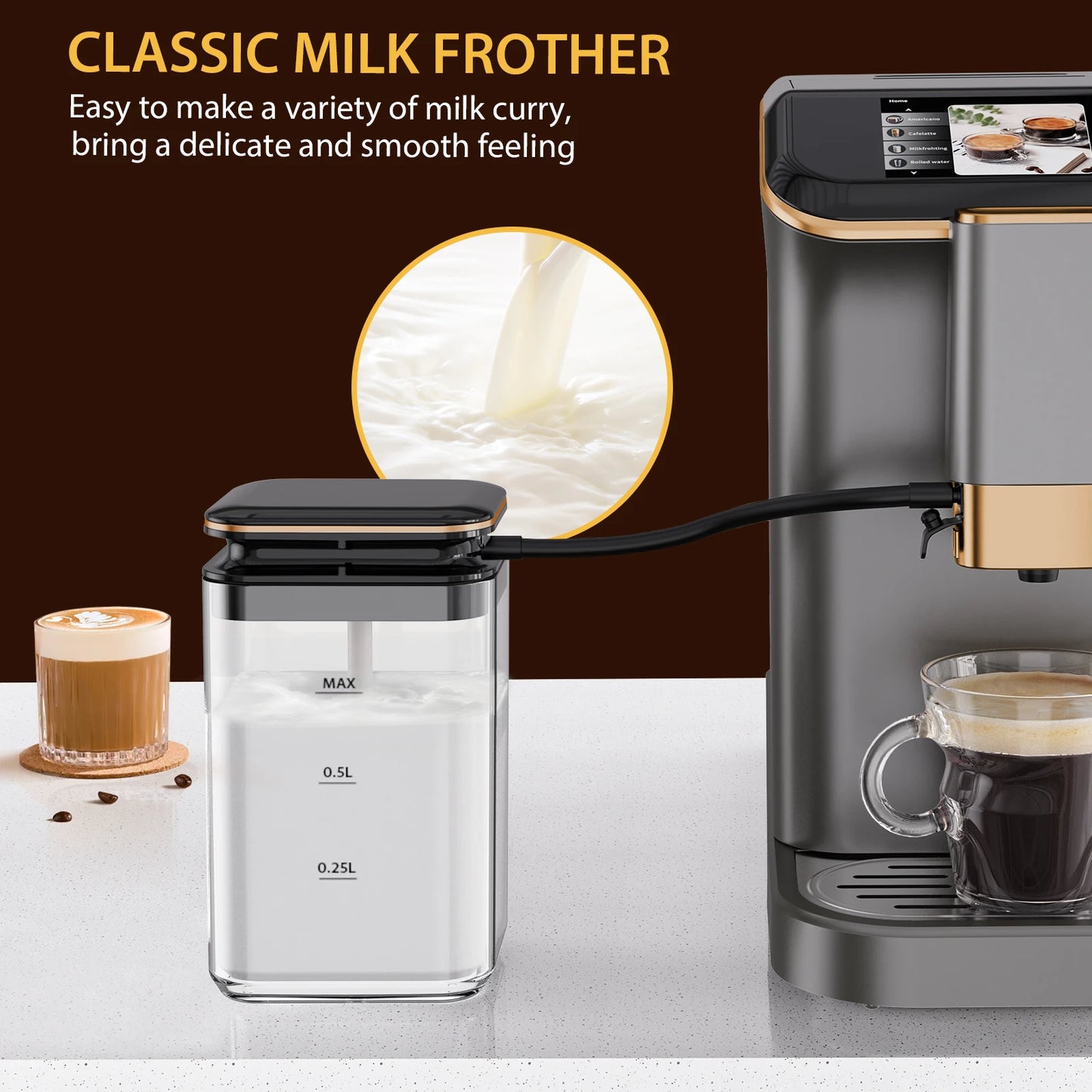 Fully Automatic Espresso Maker 20 Bar Grinder Milk Frother