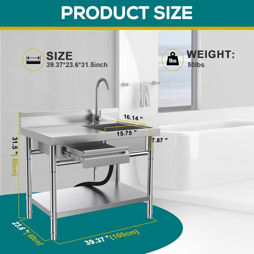 Stainless Steel Utility Sink 39.5 Inch Single Bowl