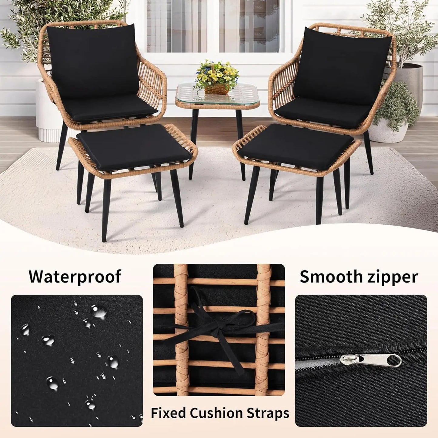 5 Piece Wicker Bistro Patio Set 2 Chairs 2 Ottomans Natural