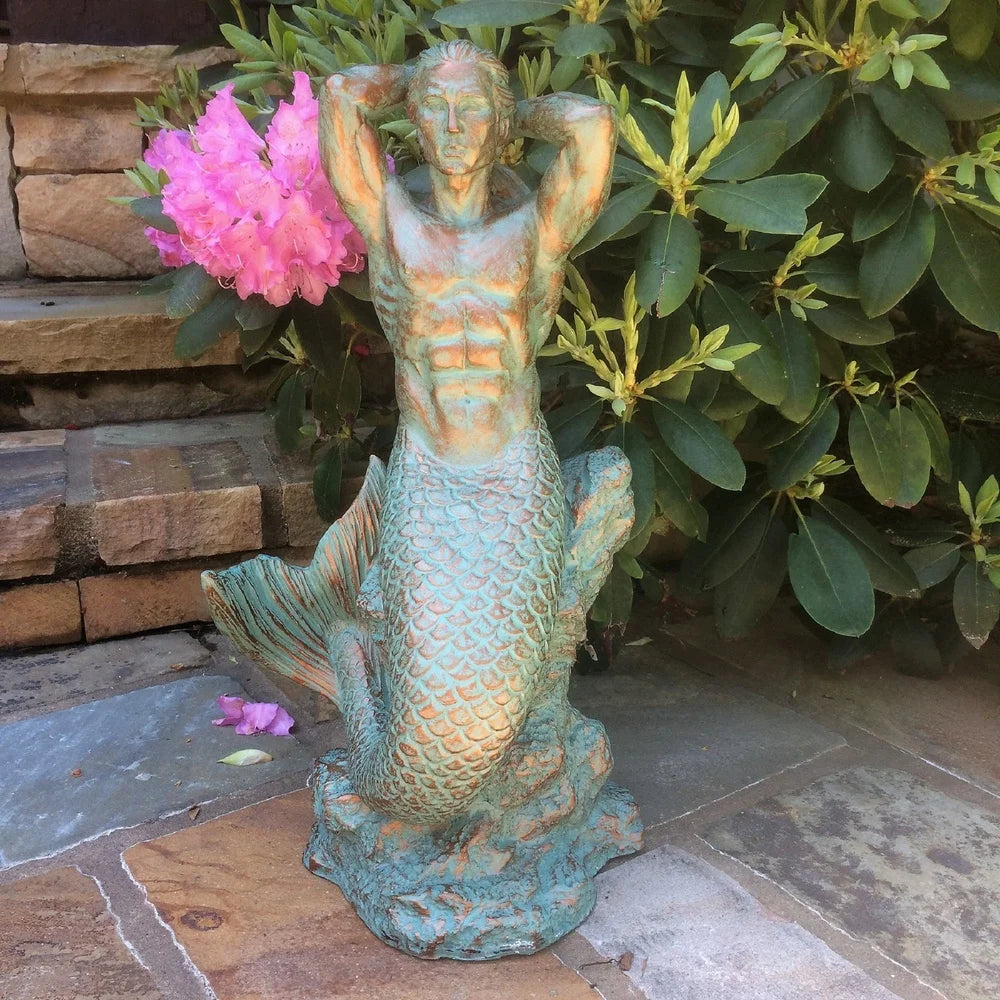 Bronze Patina Merman Mermaid Garden Statue for Outdoor Use
