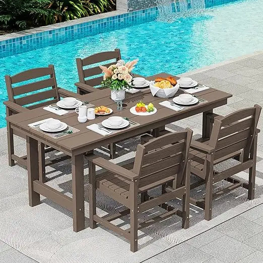 Patio Table Set, Outdoor HDPE Dining Furniture with Umbrella Hole, 5-Piece Dining Chair Set