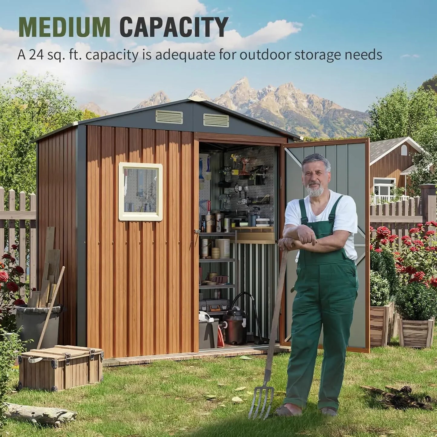 6x4 Ft Lockable Metal Garden Shed with Window Storage