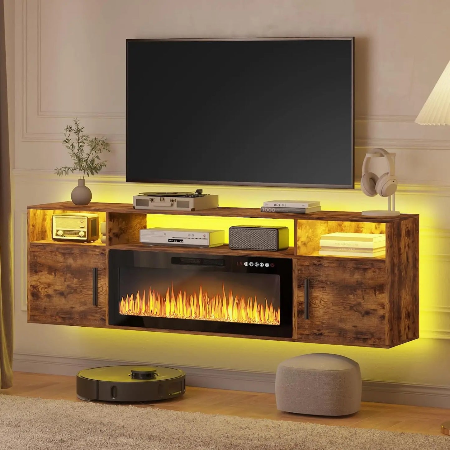 Floating Fireplace TV Stand with LED Lights Modern 70 Inch