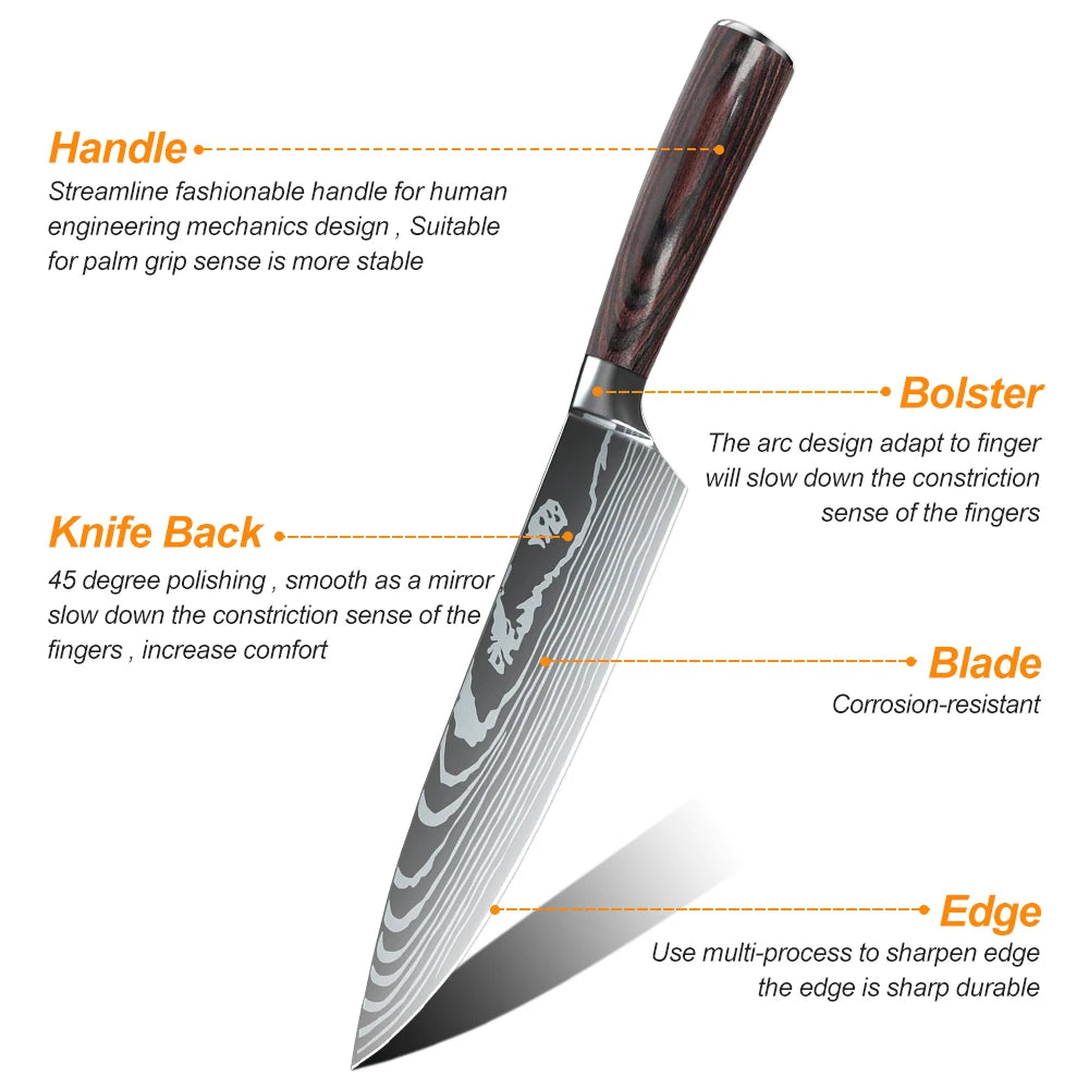 8 10pcs Gift Japanese Kitchen Knives Set Laser Damascus Pattern Chef Knife High Carbon Stainless Steel Sharp Fruit Slicing Knife