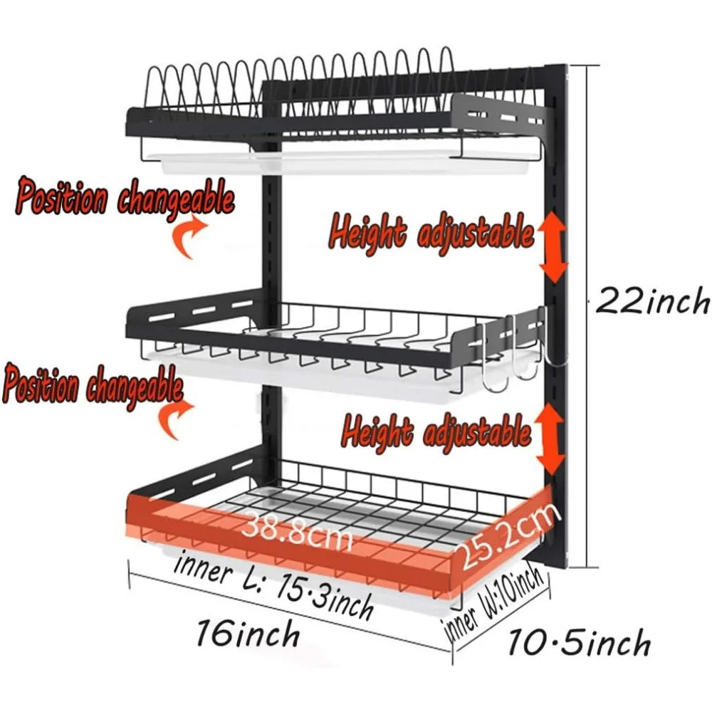3 Tier Black Stainless Steel Dish Drying Rack with Drainboard