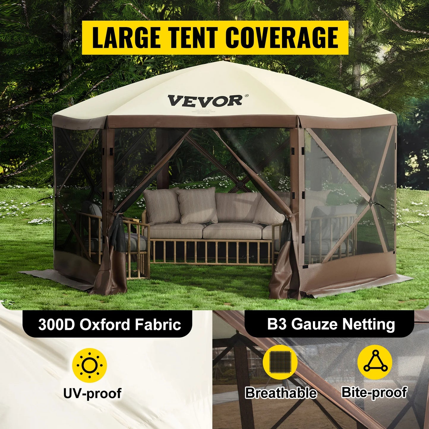 SucceBuy Pop Up Camping Gazebo 12x12 Six Sided Shelter