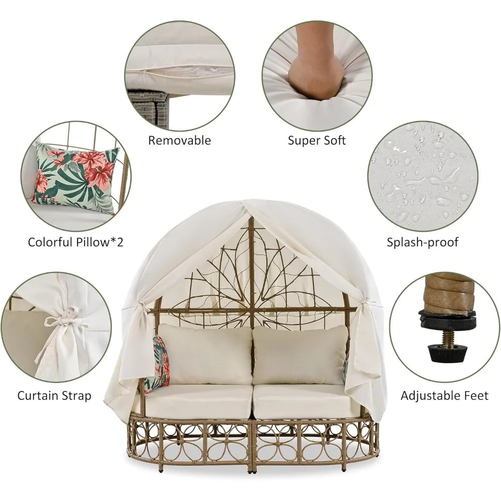 Wicker Patio Daybed with Curtain and Colorful Pillows