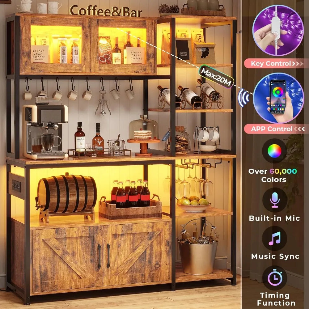 Bakers Rack with Power Outlet and LED Light, 45.3 Inch Farmhouse Coffee Bar Cabinet, Kitchen Microwave Stand with Storage