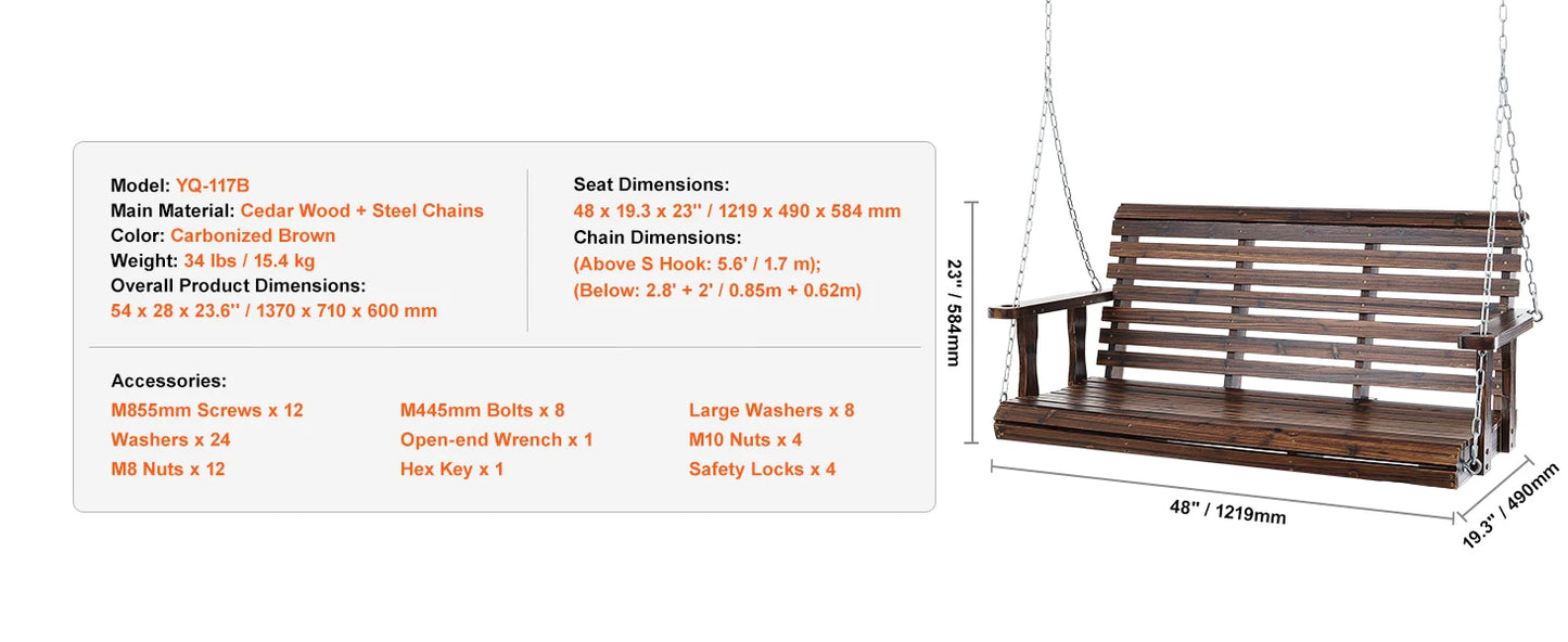 SucceBuy Cedar Wood Porch Swing 5 Ft Patio Bench 880 Lbs