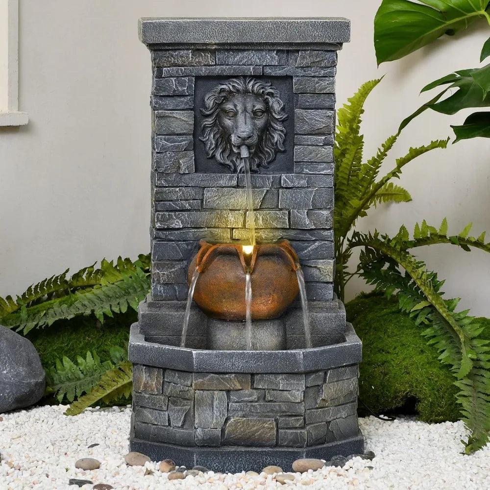 Outdoor Lion Head Stone Water Fountain With Lights Patio