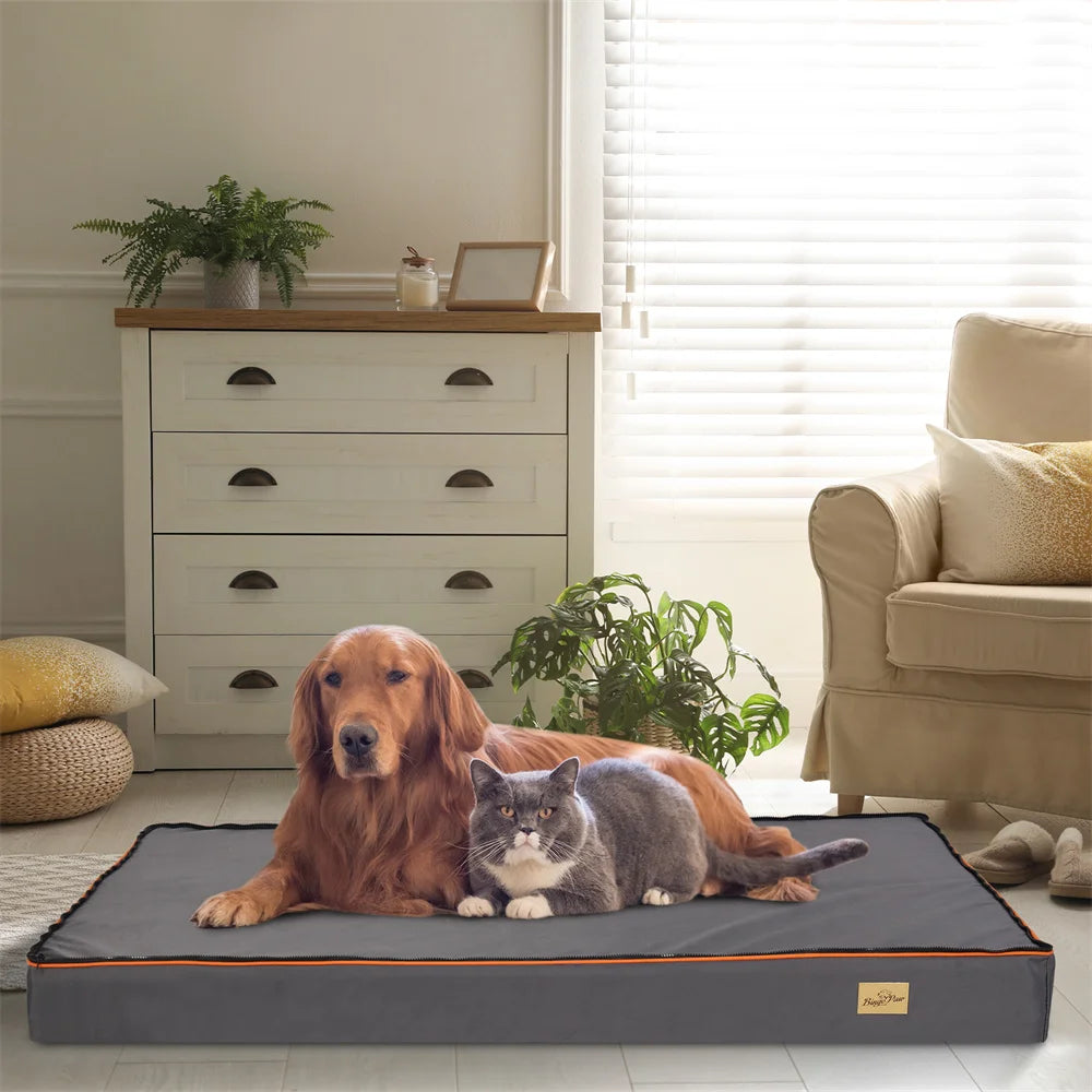 Premium Large Orthopedic Memory Foam Dog Bed Waterproof Pet Dog Crate Jumbo Mattress with Orange Trim