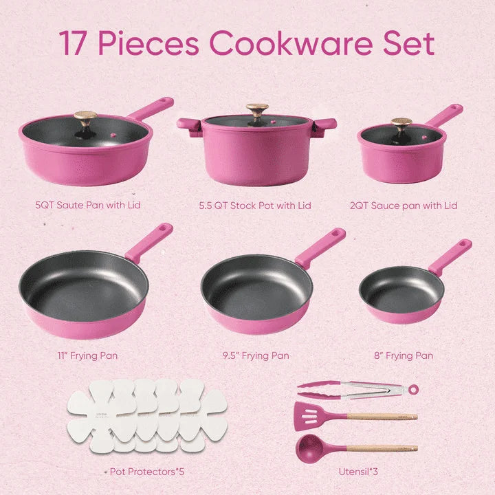 Kitchen Cookware Sets, Nonstick Pots and Pans Set, 17 Pcs, Rose Pink