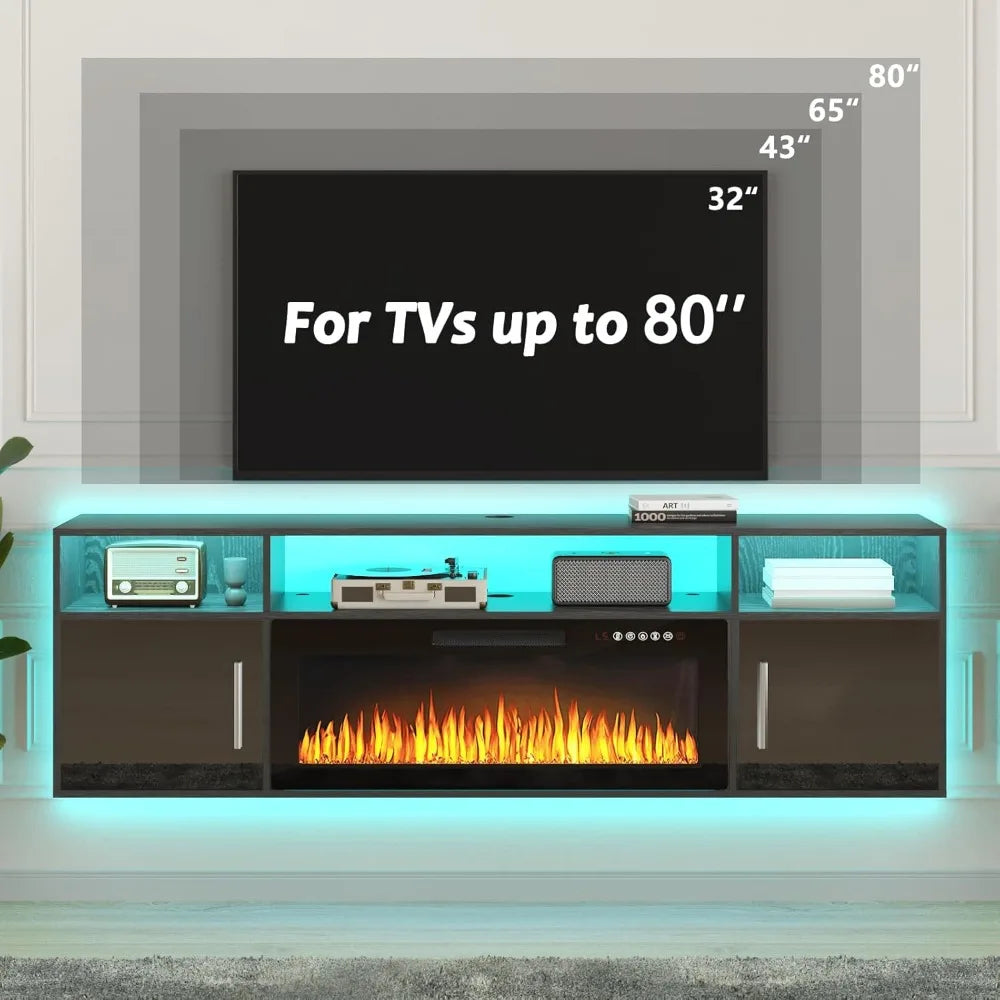 Floating Fireplace TV Stand with LED Lights Modern 70 Inch