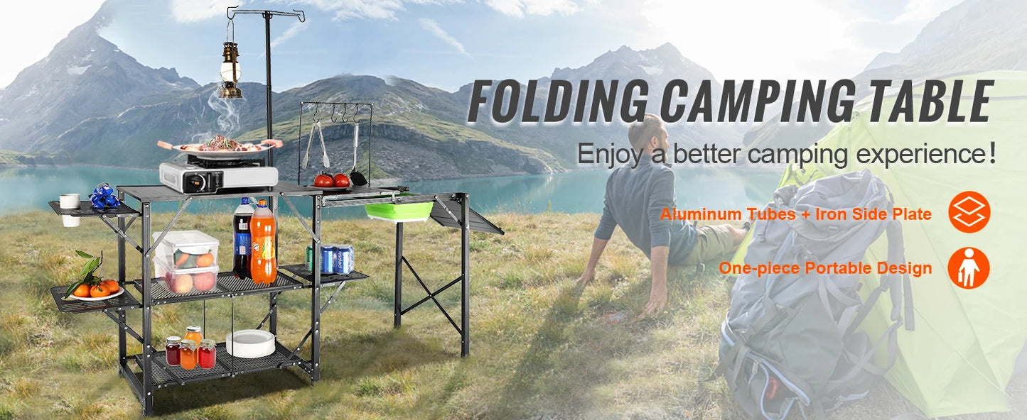 SucceBuy Camping Kitchen Table with Sink Aluminum Folding Portable Outdoor Cook Station, for Picnic BBQ Beach Traveling