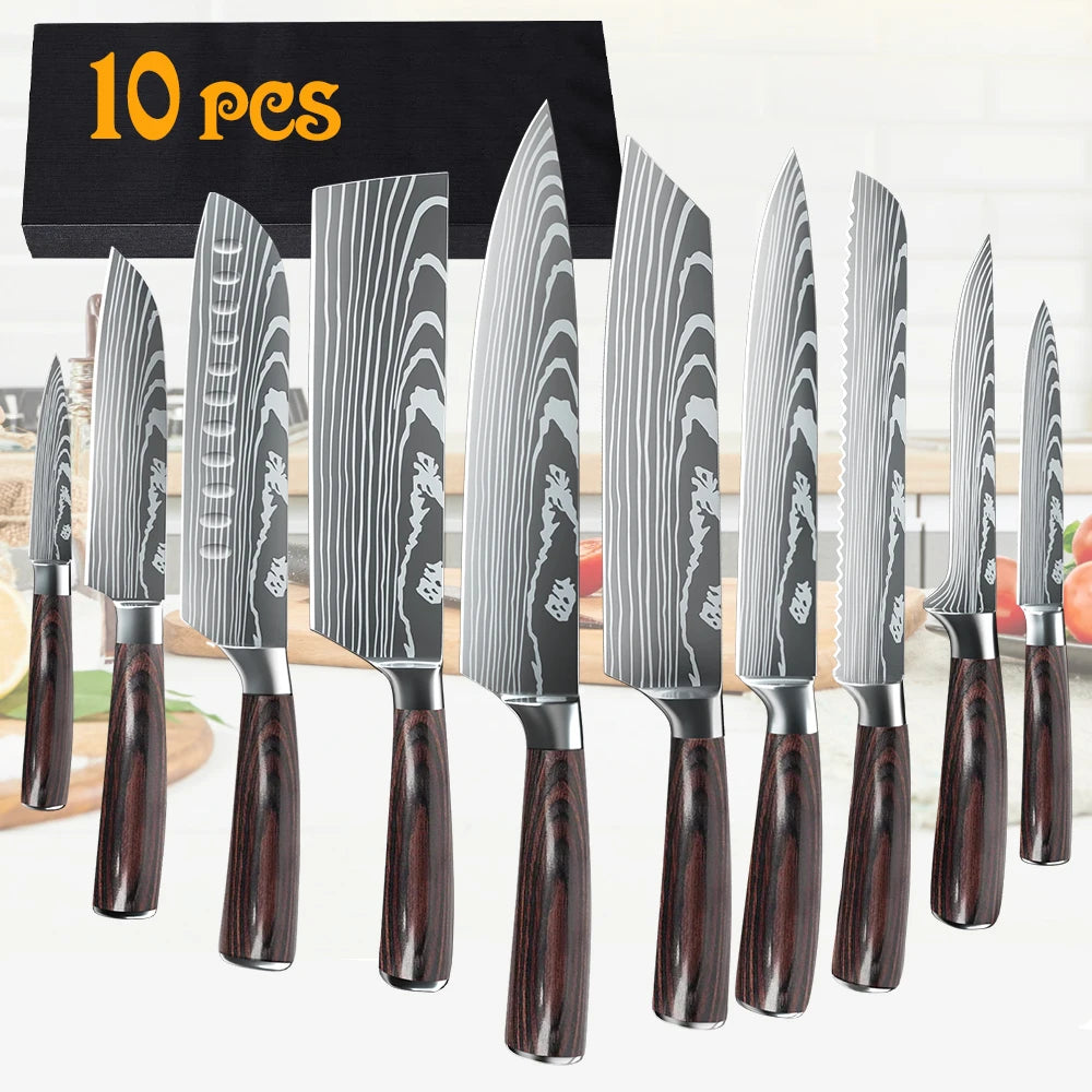 8 10pcs Gift Japanese Kitchen Knives Set Laser Damascus Pattern Chef Knife High Carbon Stainless Steel Sharp Fruit Slicing Knife