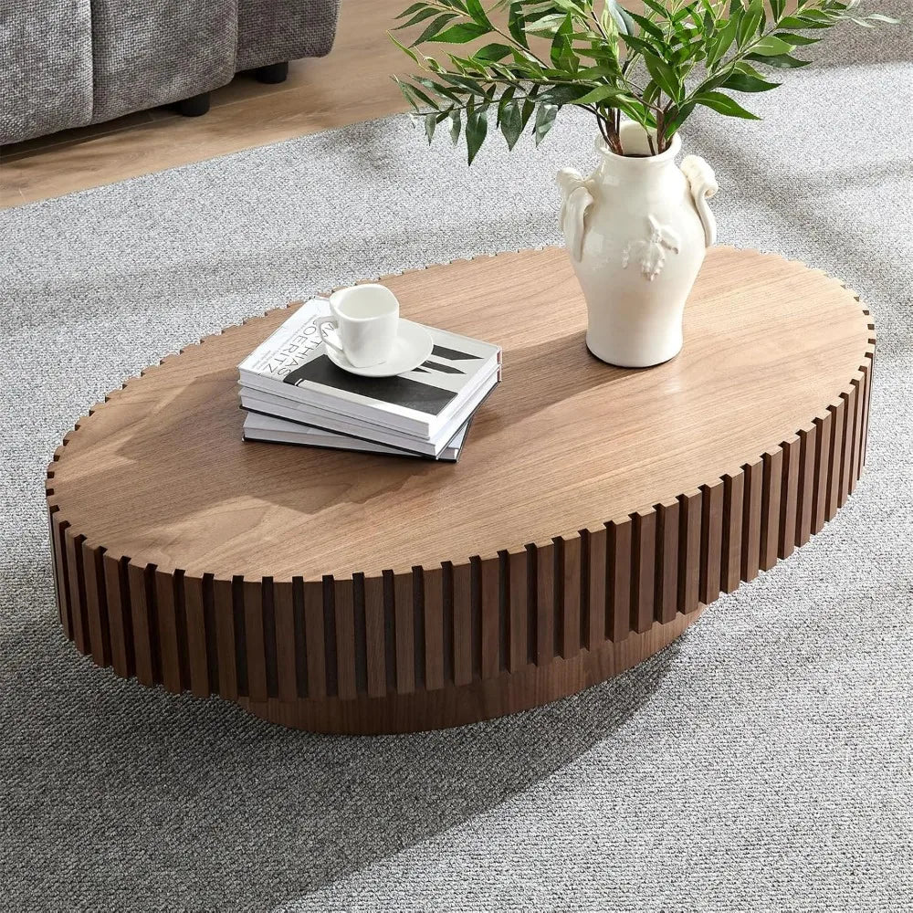 Oval Drum Coffee Table Handcrafted Wooden Olive-Shaped Walnut