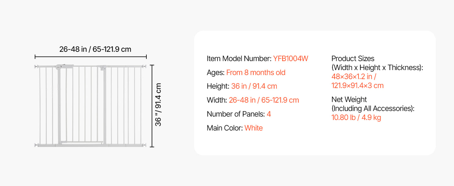 VEVOR Baby Gate 28 30 36 Inch High Walk Thru Pressure Mount