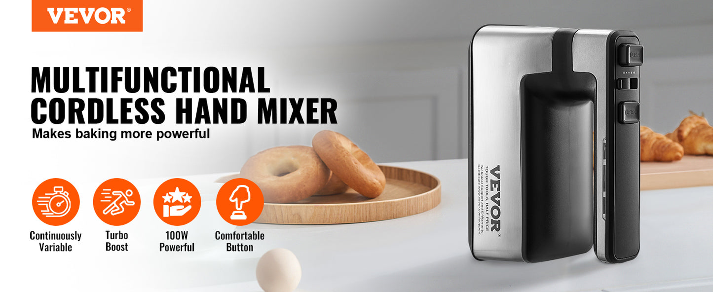 VEVOR Cordless Electric Hand Mixer Continuously Variable Electric Handheld Mixer Baking for Whipp Mixing Egg Cookie Cake Cream