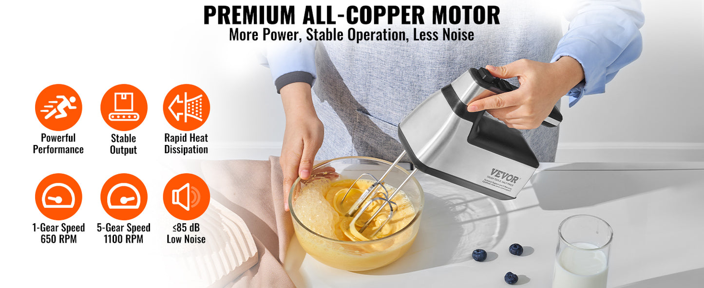 VEVOR Cordless Electric Hand Mixer Continuously Variable Electric Handheld Mixer Baking for Whipp Mixing Egg Cookie Cake Cream