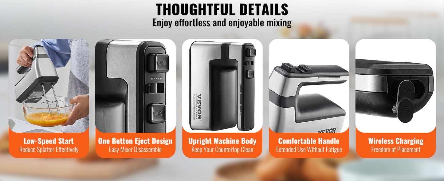 VEVOR Cordless Electric Hand Mixer Continuously Variable Electric Handheld Mixer Baking for Whipp Mixing Egg Cookie Cake Cream