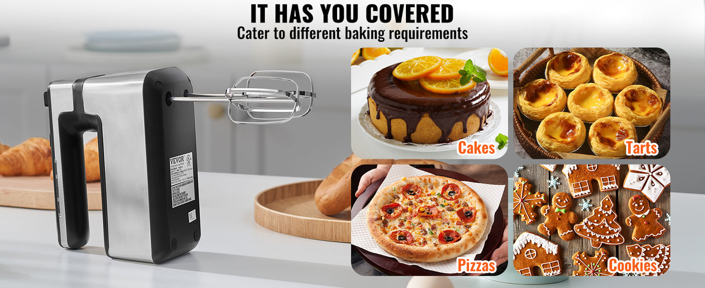 VEVOR Cordless Electric Hand Mixer Continuously Variable Electric Handheld Mixer Baking for Whipp Mixing Egg Cookie Cake Cream