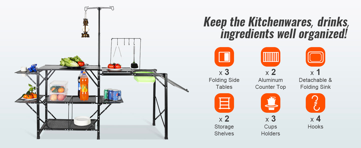 SucceBuy Camping Kitchen Table with Sink Aluminum Folding Portable Outdoor Cook Station, for Picnic BBQ Beach Traveling