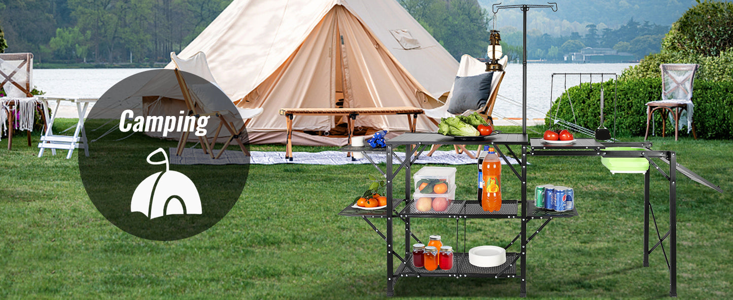SucceBuy Camping Kitchen Table with Sink Aluminum Folding Portable Outdoor Cook Station, for Picnic BBQ Beach Traveling