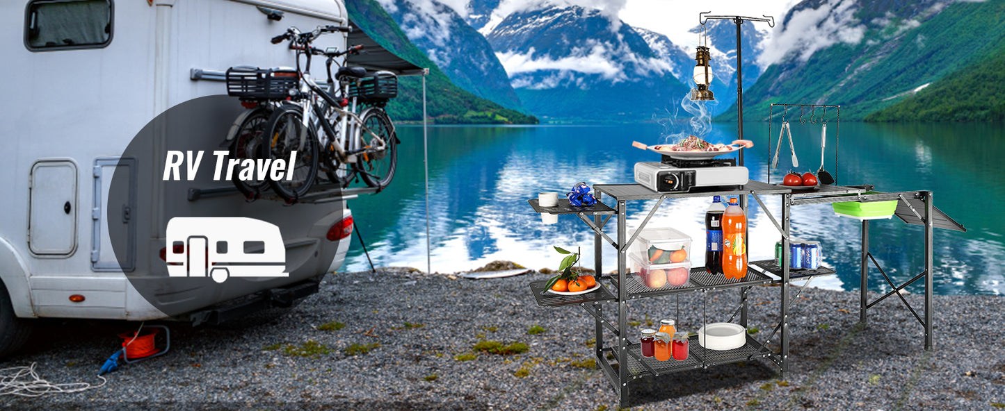 SucceBuy Camping Kitchen Table with Sink Aluminum Folding Portable Outdoor Cook Station, for Picnic BBQ Beach Traveling