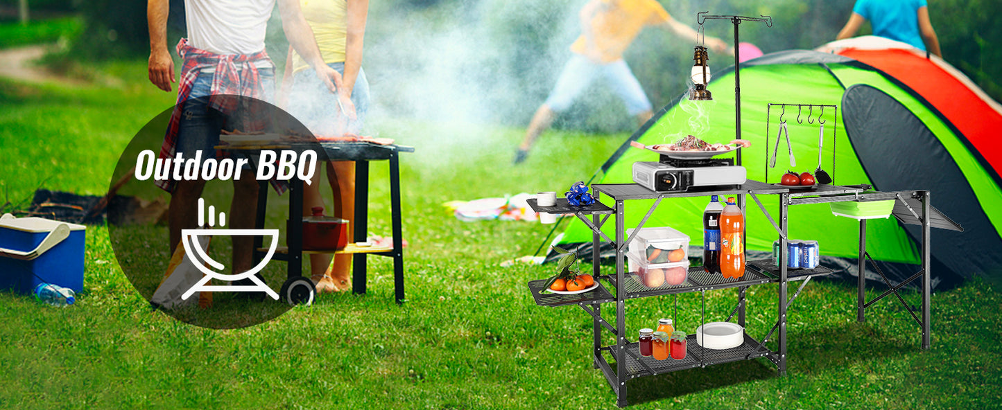 SucceBuy Camping Kitchen Table with Sink Aluminum Folding Portable Outdoor Cook Station, for Picnic BBQ Beach Traveling