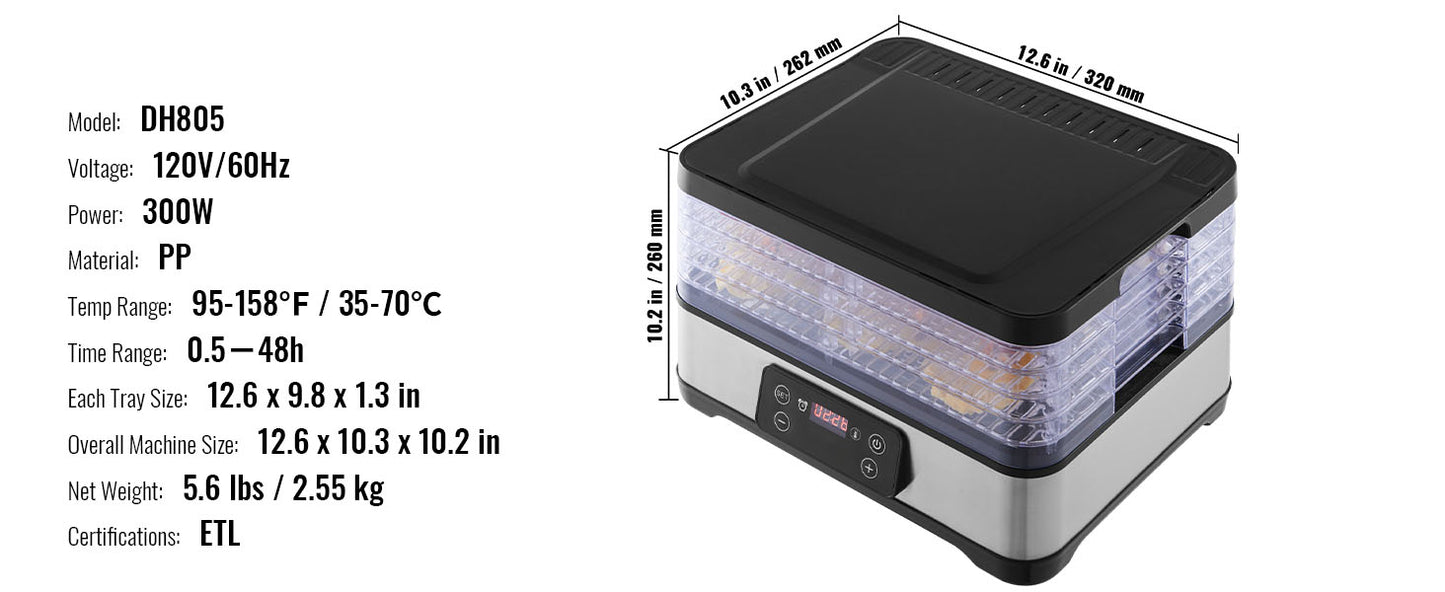 SucceBuy 5 Tray Dehydrator 300W Stainless Steel Timer
