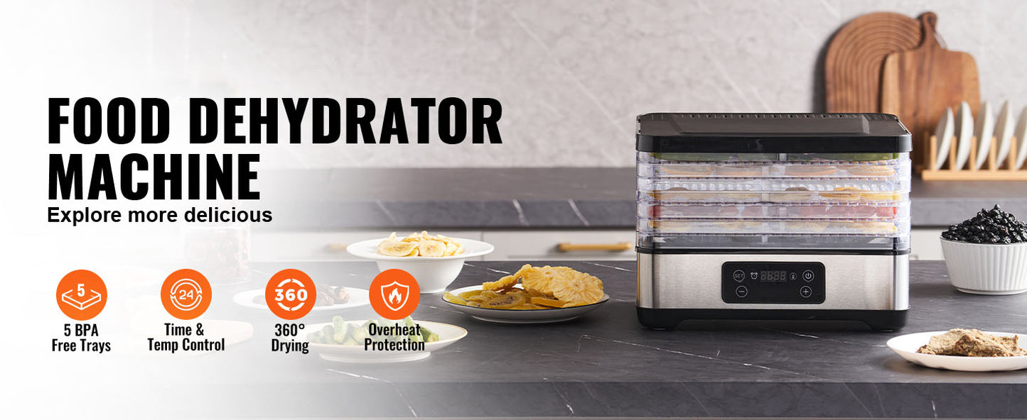 SucceBuy 5 Tray Dehydrator 300W Stainless Steel Timer