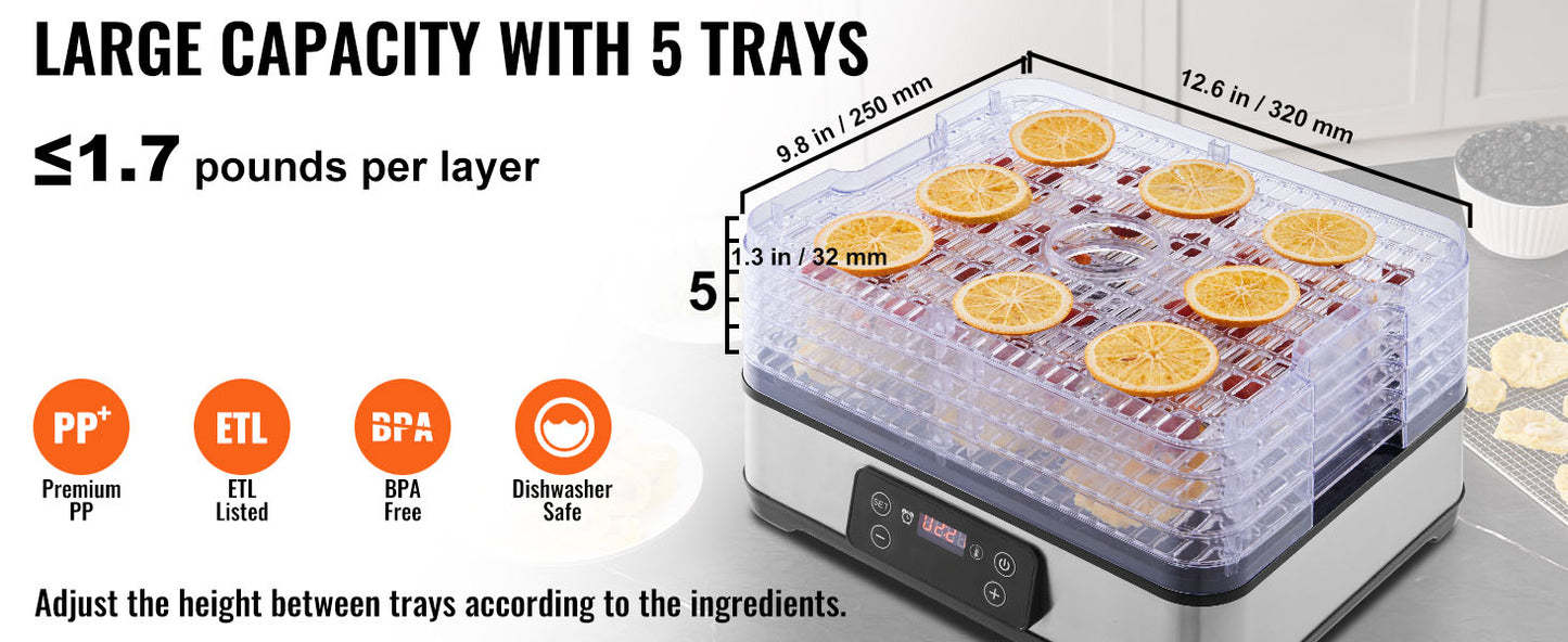 SucceBuy 5 Tray Dehydrator 300W Stainless Steel Timer