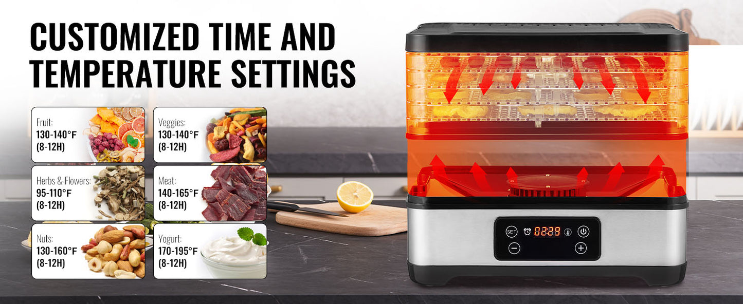 SucceBuy 5 Tray Dehydrator 300W Stainless Steel Timer