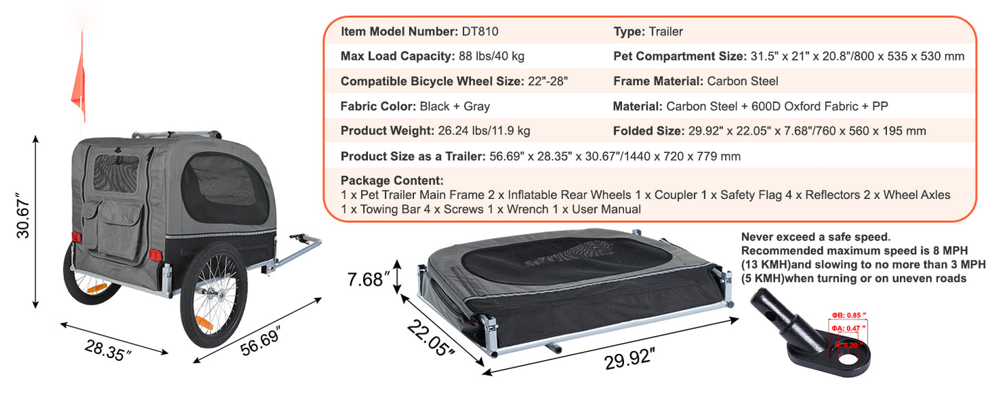 Dog Bike Trailer 88 Lbs Carrier Pet Cart Collapsible Storage