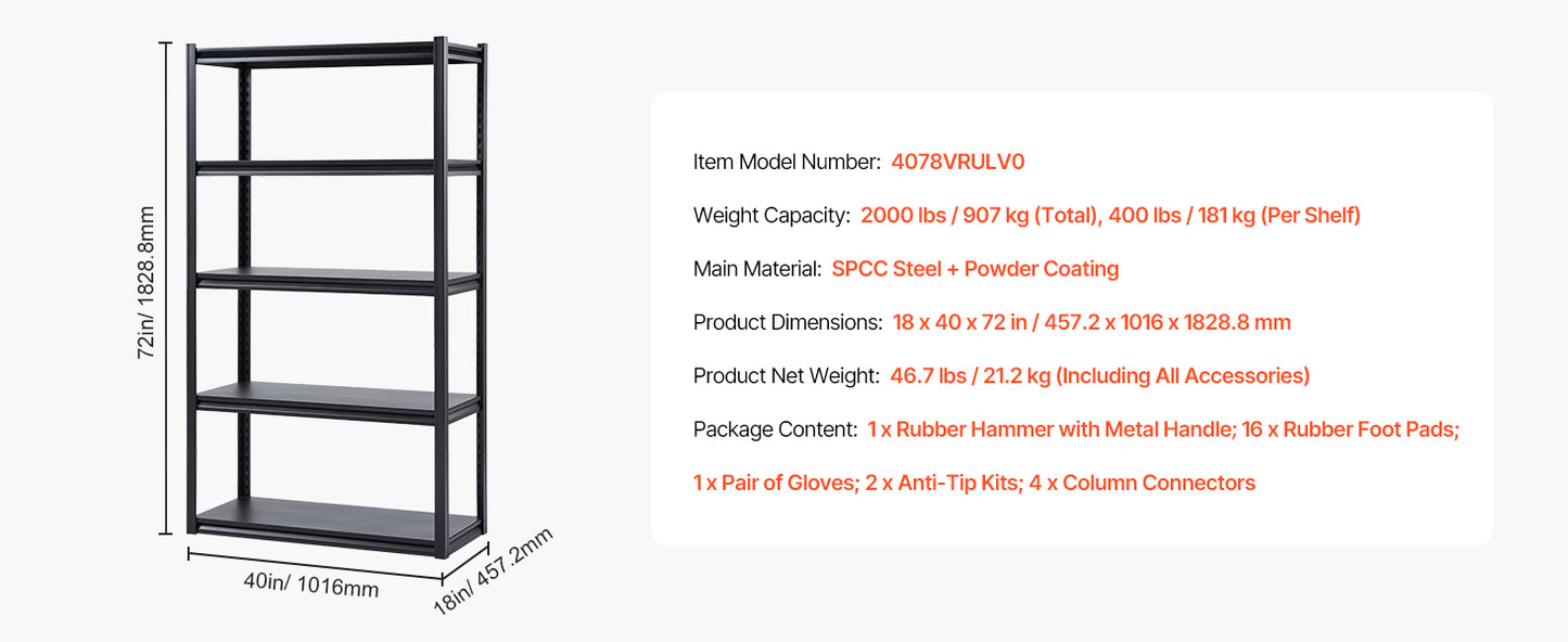 VEVOR 5 Tier Garage Storage Shelves 2000 Lbs Adjustable