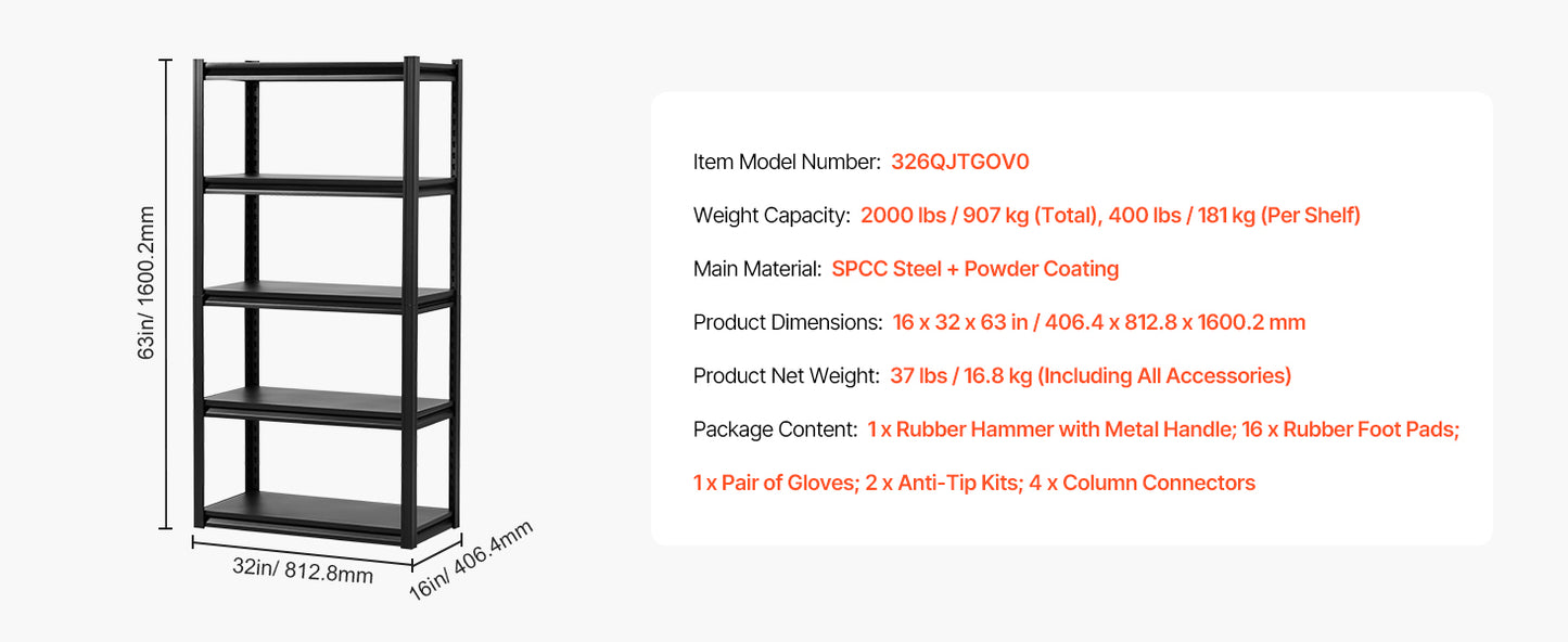 VEVOR 5 Tier Garage Storage Shelves 2000 Lbs Adjustable