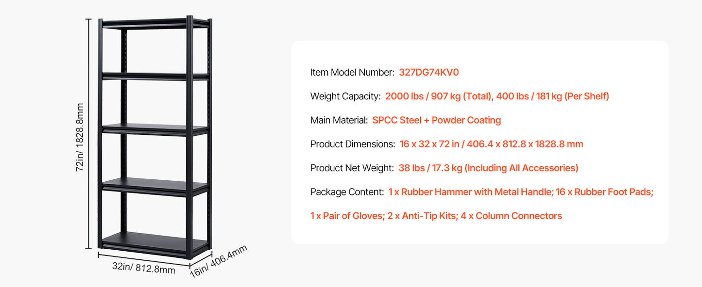 VEVOR 5 Tier Garage Storage Shelves 2000 Lbs Adjustable