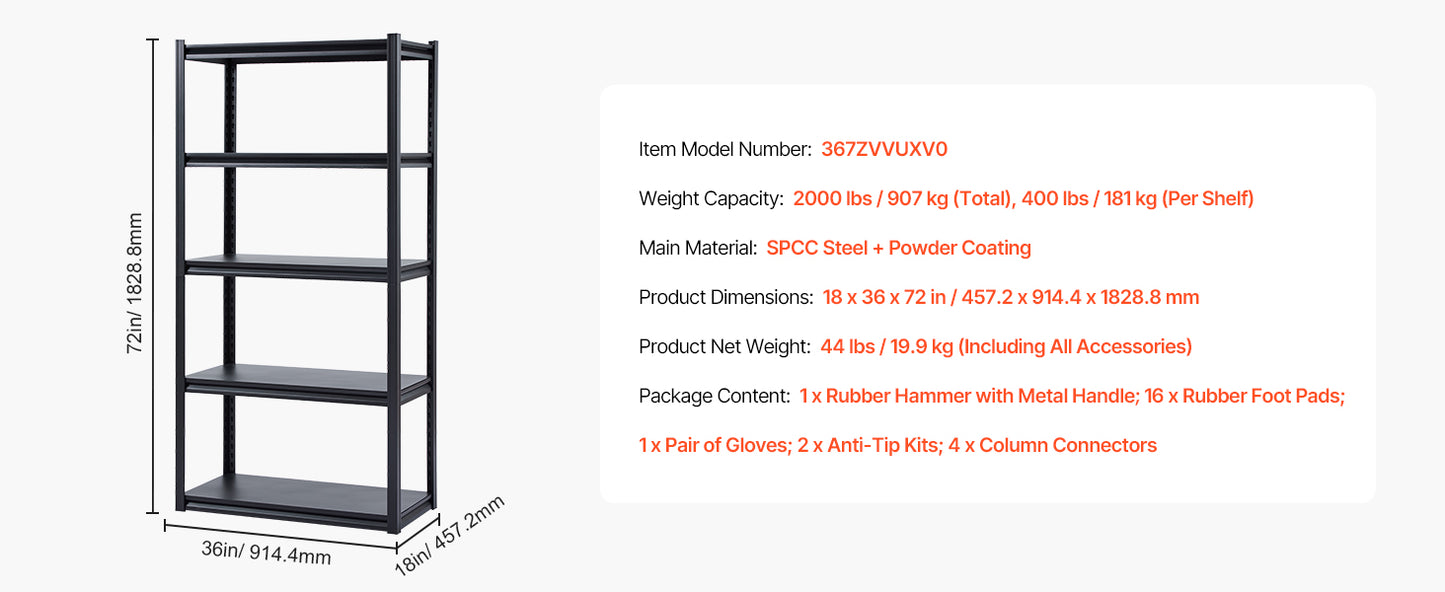 VEVOR 5 Tier Garage Storage Shelves 2000 Lbs Adjustable