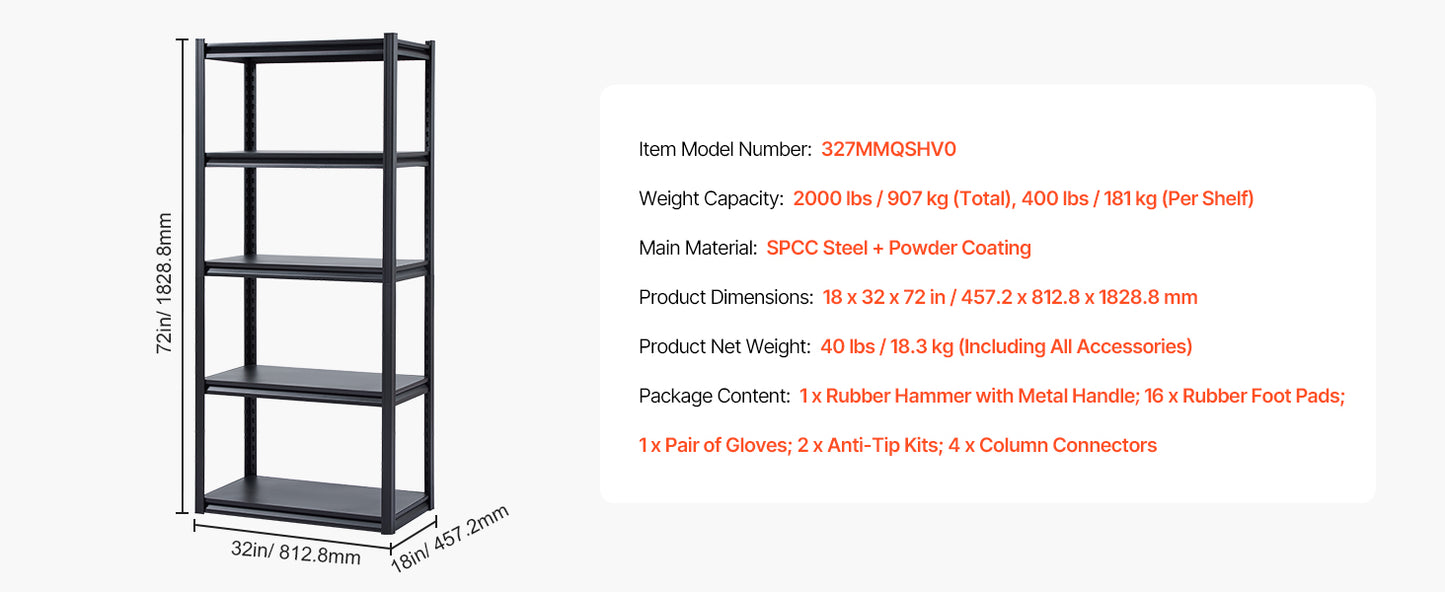 VEVOR 5 Tier Garage Storage Shelves 2000 Lbs Adjustable