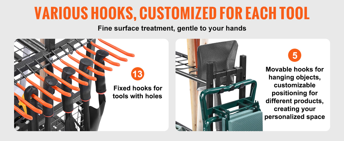 SucceBuy 16 Slots Garden Tool Organizer Yard Tool Tower Rack with Hooks Wheels Long-Handled Rake Stand Holder for Garage Storage