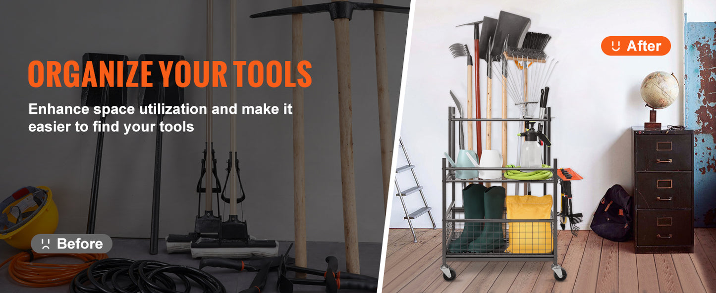 SucceBuy 16 Slots Garden Tool Organizer Yard Tool Tower Rack with Hooks Wheels Long-Handled Rake Stand Holder for Garage Storage