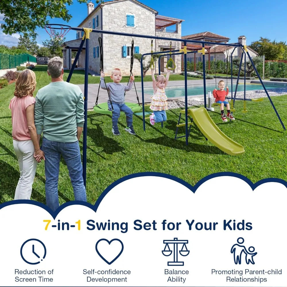 7-in-1 Swing Set w/ 2 Swings, Slide, Glider, Gym Rings