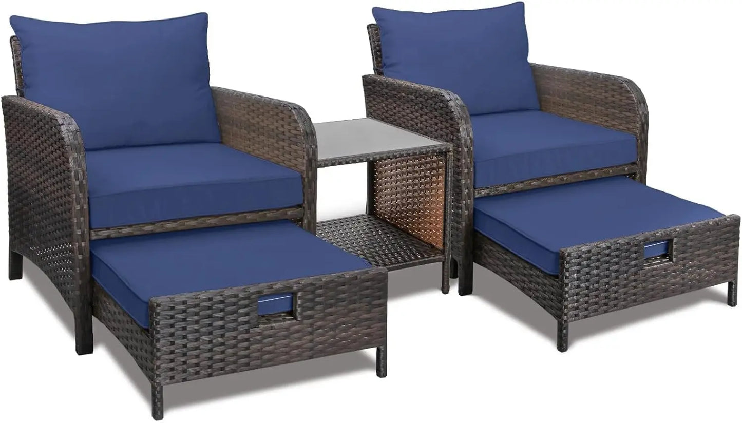 Balcony Furniture 5 Piece Patio Conversation Set PE Wicker Rattan Outdoor Lounge Chairs with Soft Cushions and 2 Ottomans