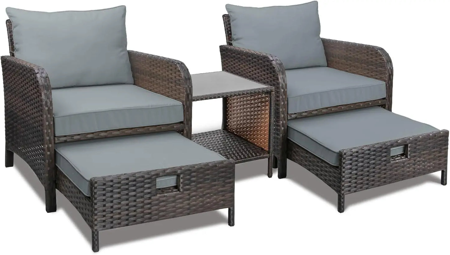 Balcony Furniture 5 Piece Patio Conversation Set PE Wicker Rattan Outdoor Lounge Chairs with Soft Cushions and 2 Ottomans