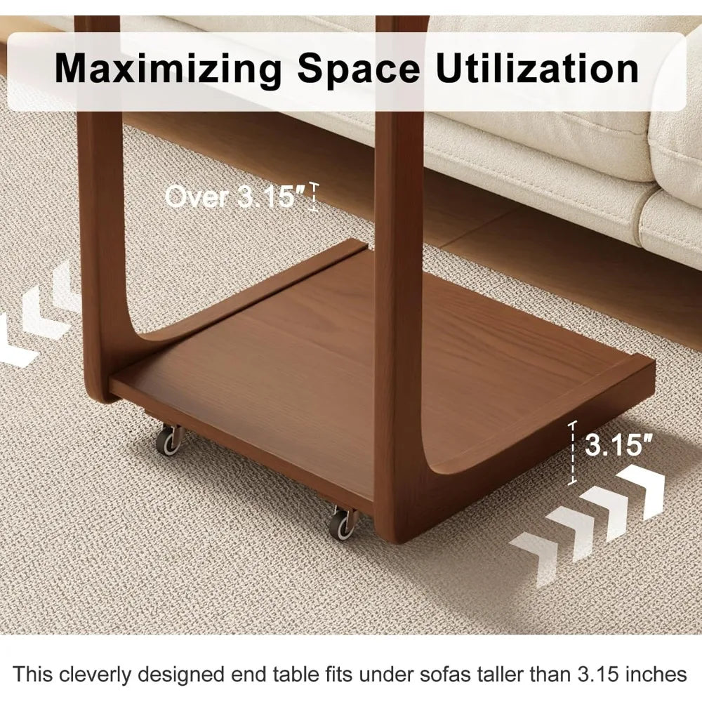 C Shaped Couch Side Table With 2 Lockable Wheels Design
