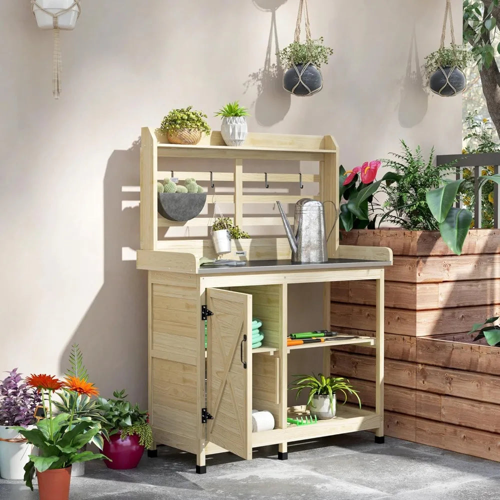 Outdoor Wooden Potting Bench Garden Workstation With Cabinet